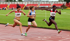 Close race in the Under-15 100 metres, from left to right 260 Sydney Robertson (Gateshead) 2nd, 244 Hollie Lancaster (Sunderland Harriers) 3rd and winner Davina Nylander (Gateshead), Gateshead Tartan Games